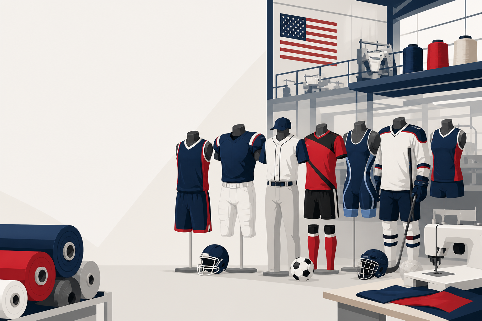 Print workshop scene representing custom sports uniforms made in the usa: complete guide.