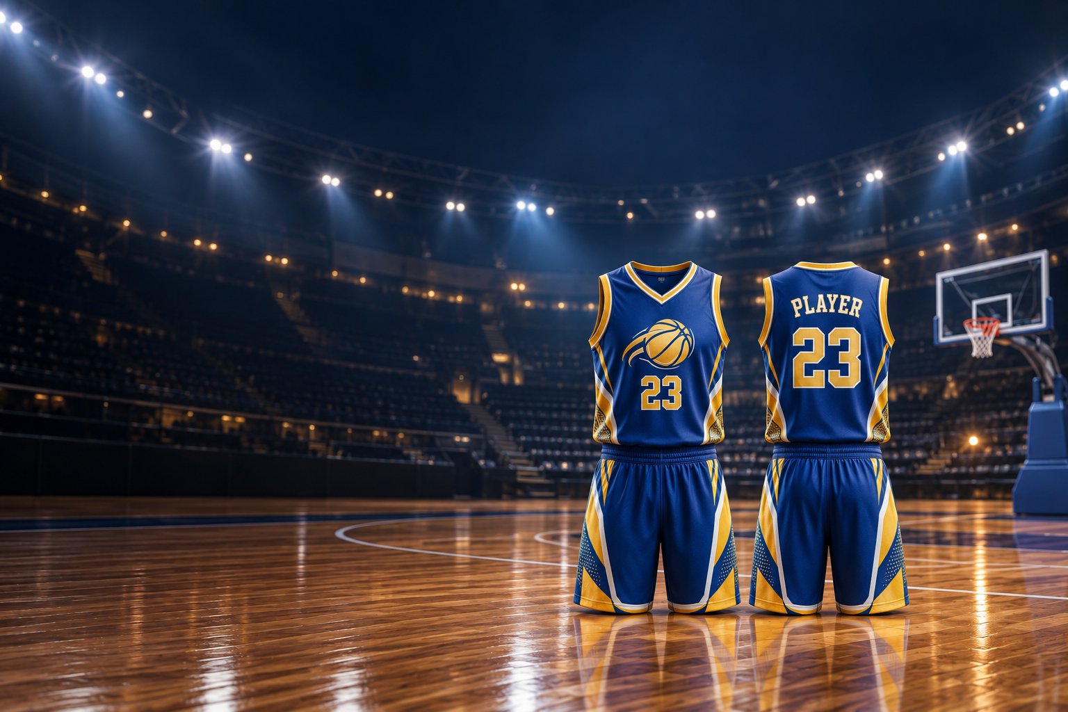 Front and back views of a black basketball jersey with gold and navy accents and a gold basketball graphic on the chest.